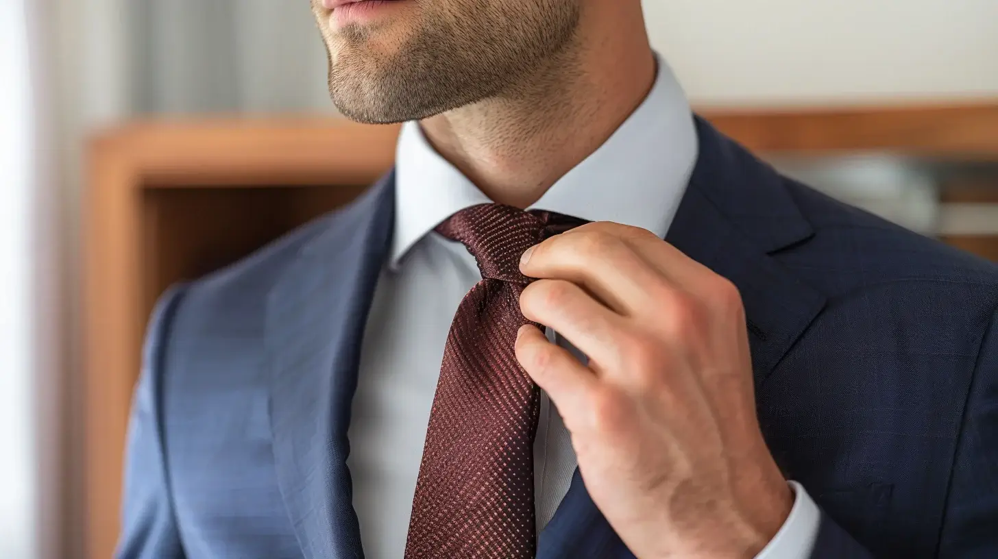 Close-up of a perfectly knotted silk tie on a bespoke suit