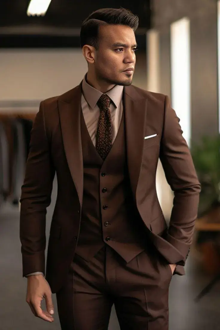 A man posing in a bespoke three-piece suit